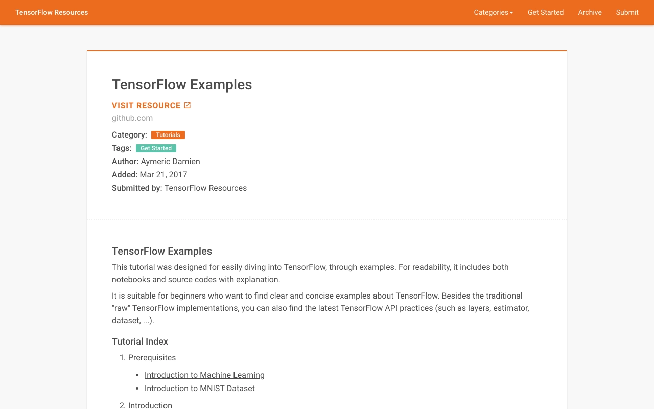 TensorFlow Resources summary page