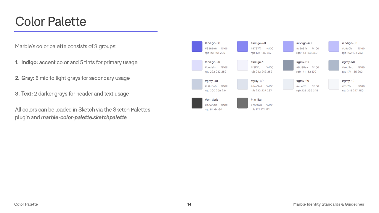 Color palette: primary indigo, secondary gray, and darker grays for text settings