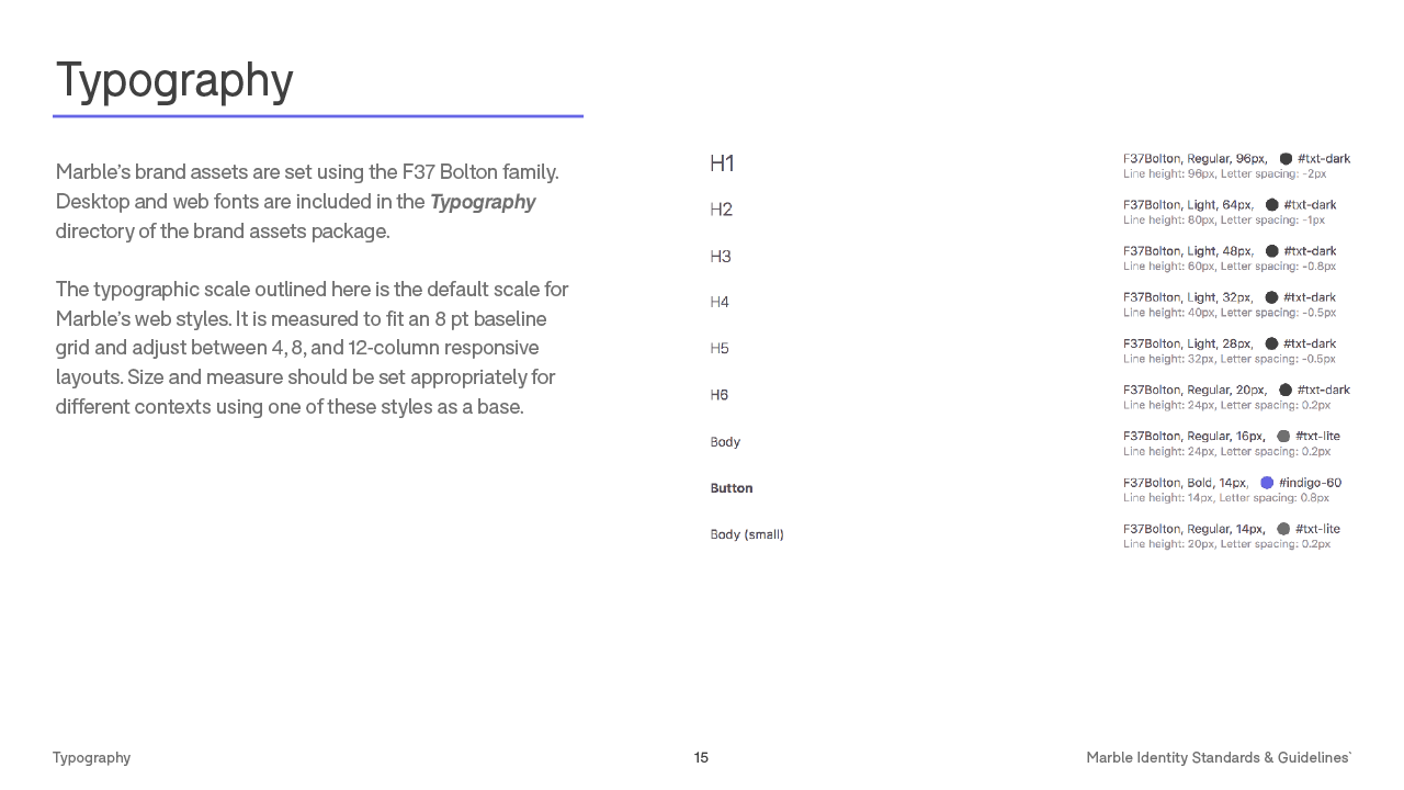 Typographic scale with Marble's brand typeface: F37 Bolton
