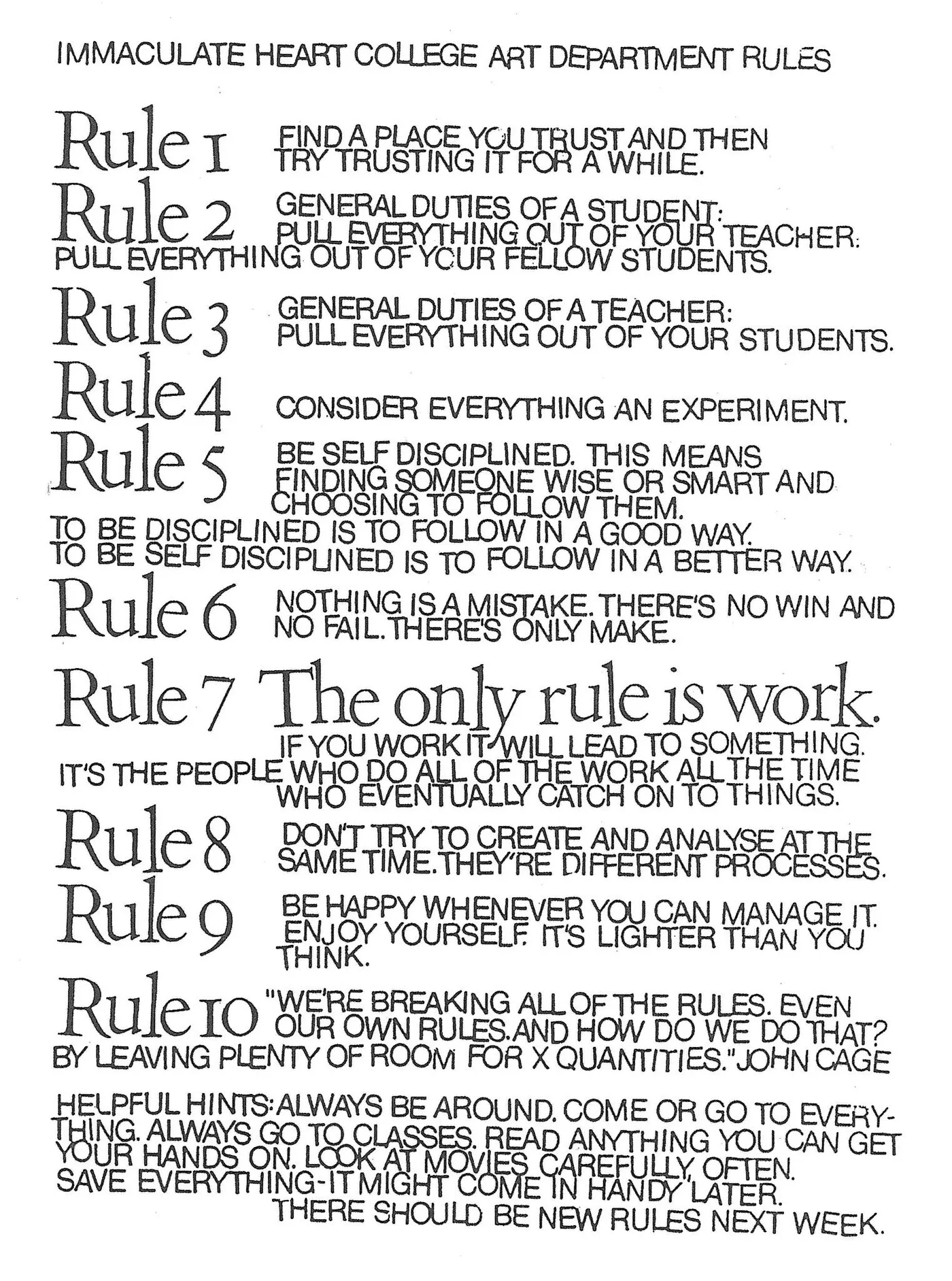 Sister Corita Kent's ten rules