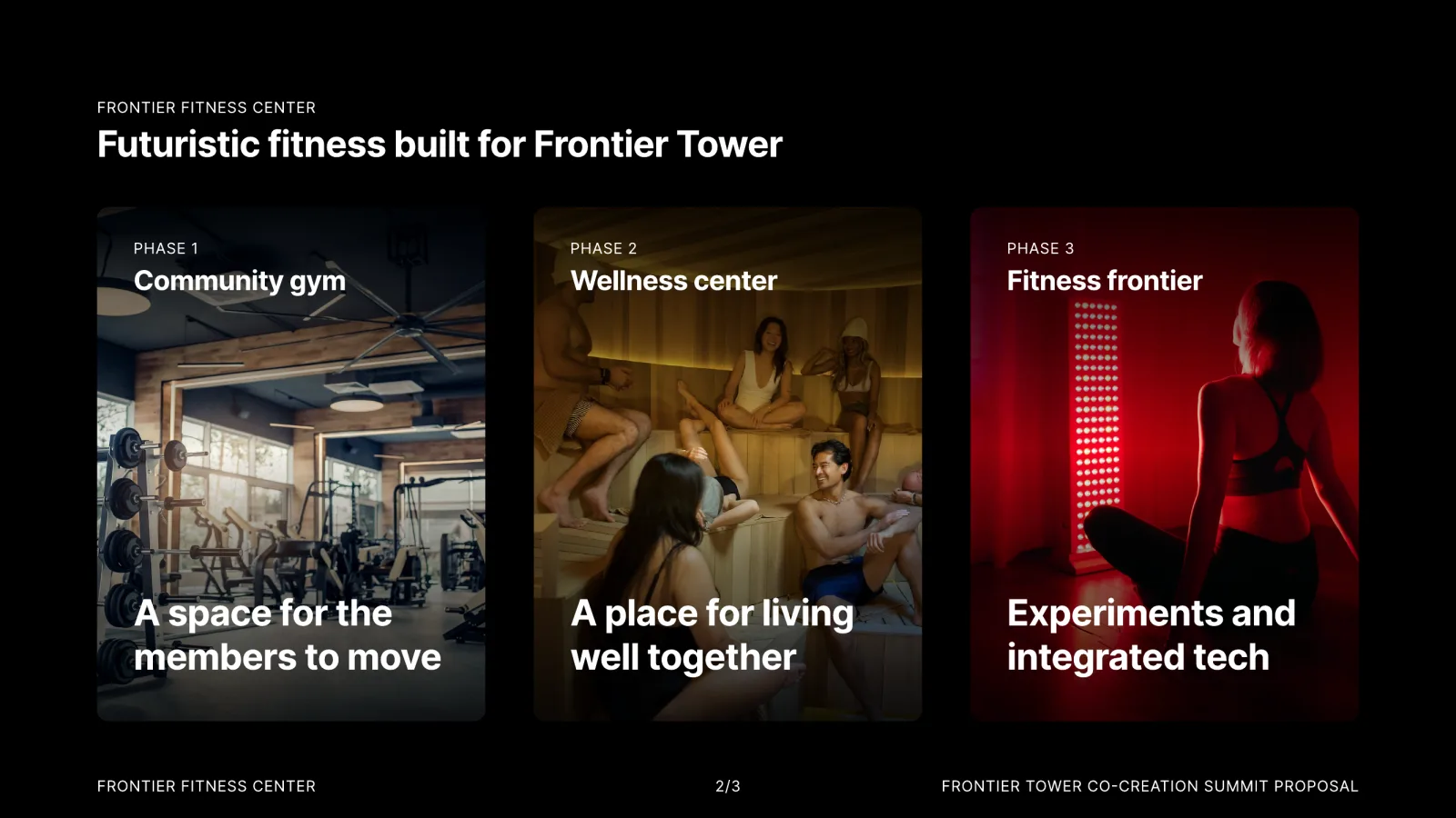 Three phases: community gym, wellness center, fitness frontier