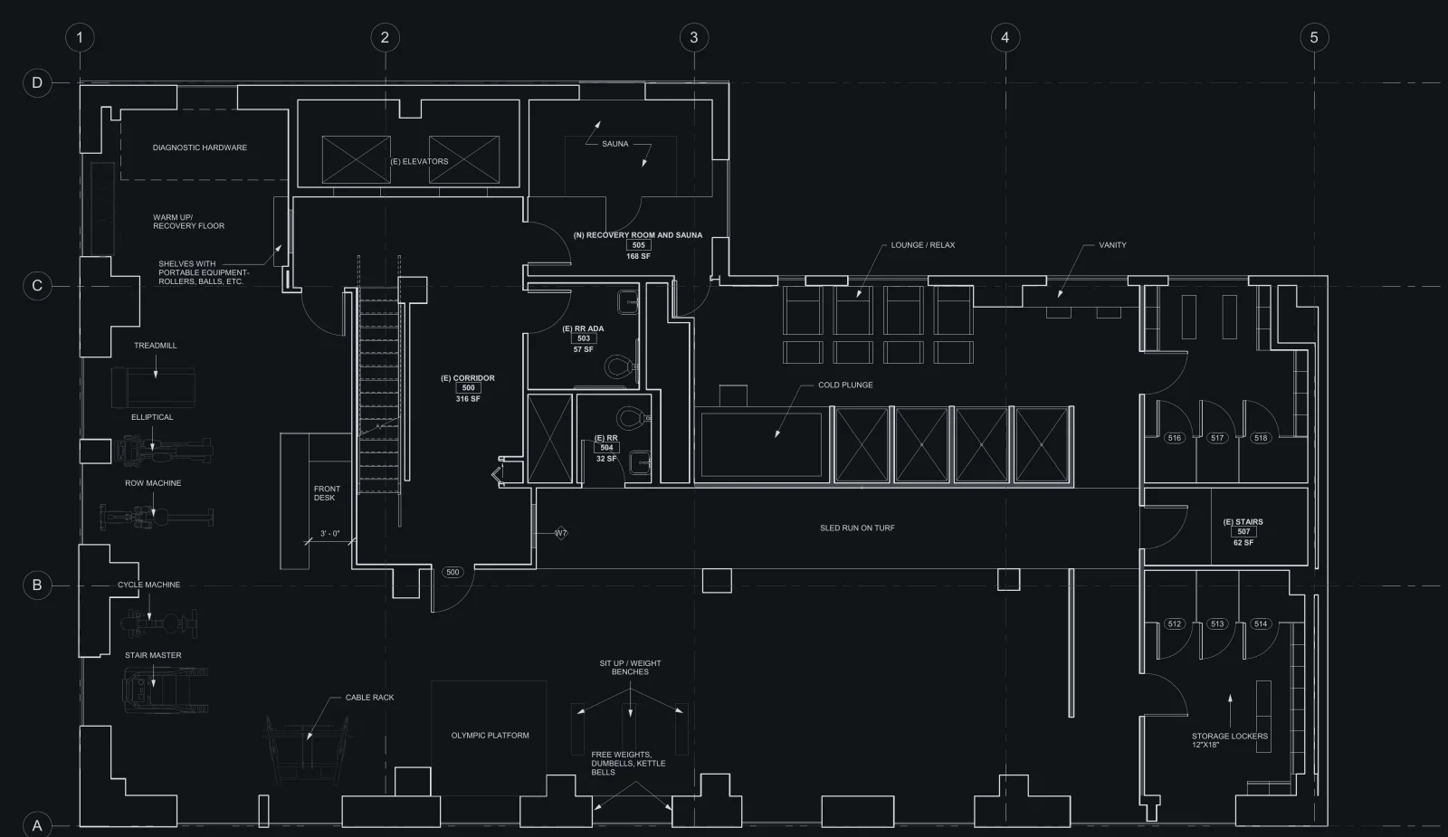 Proposed 5th-floor plan: warm-up and recovery floor, cardio row, cable rack, Olympic platform, free weights, a sled run on turf, cold plunge, sauna and recovery room, lounge, and locker rooms