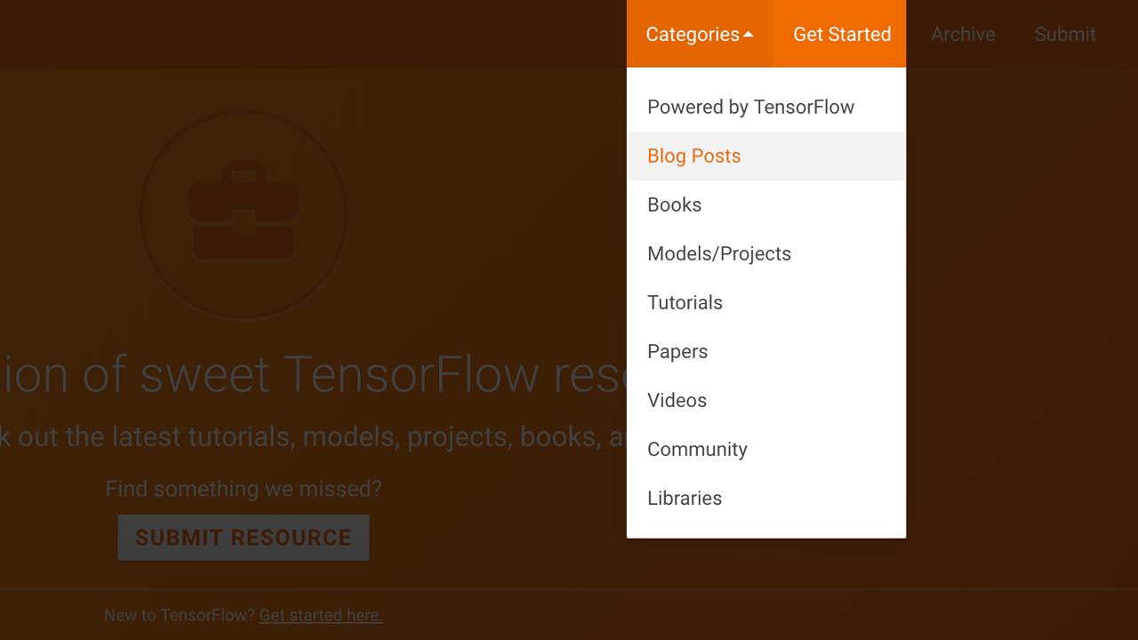 TensorFlow Resources categories menu